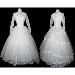 Vintage 50s White Floral LACE Tiered Wedding Dress Formal Bridal Gown S Small